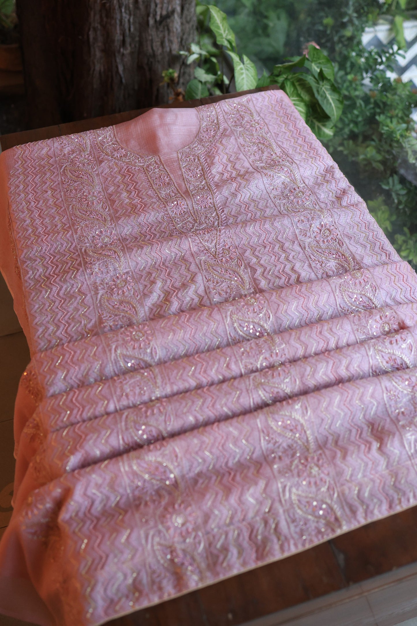 Pastel Mauve Rasm Kota Tussar Chikankari Unstitched Chikankari Fabrics