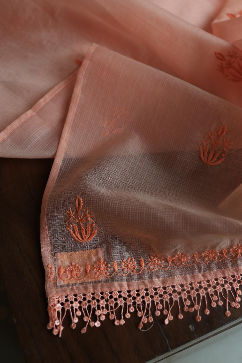 Pastel Peach Kota Chikankari Unstitched Fabric