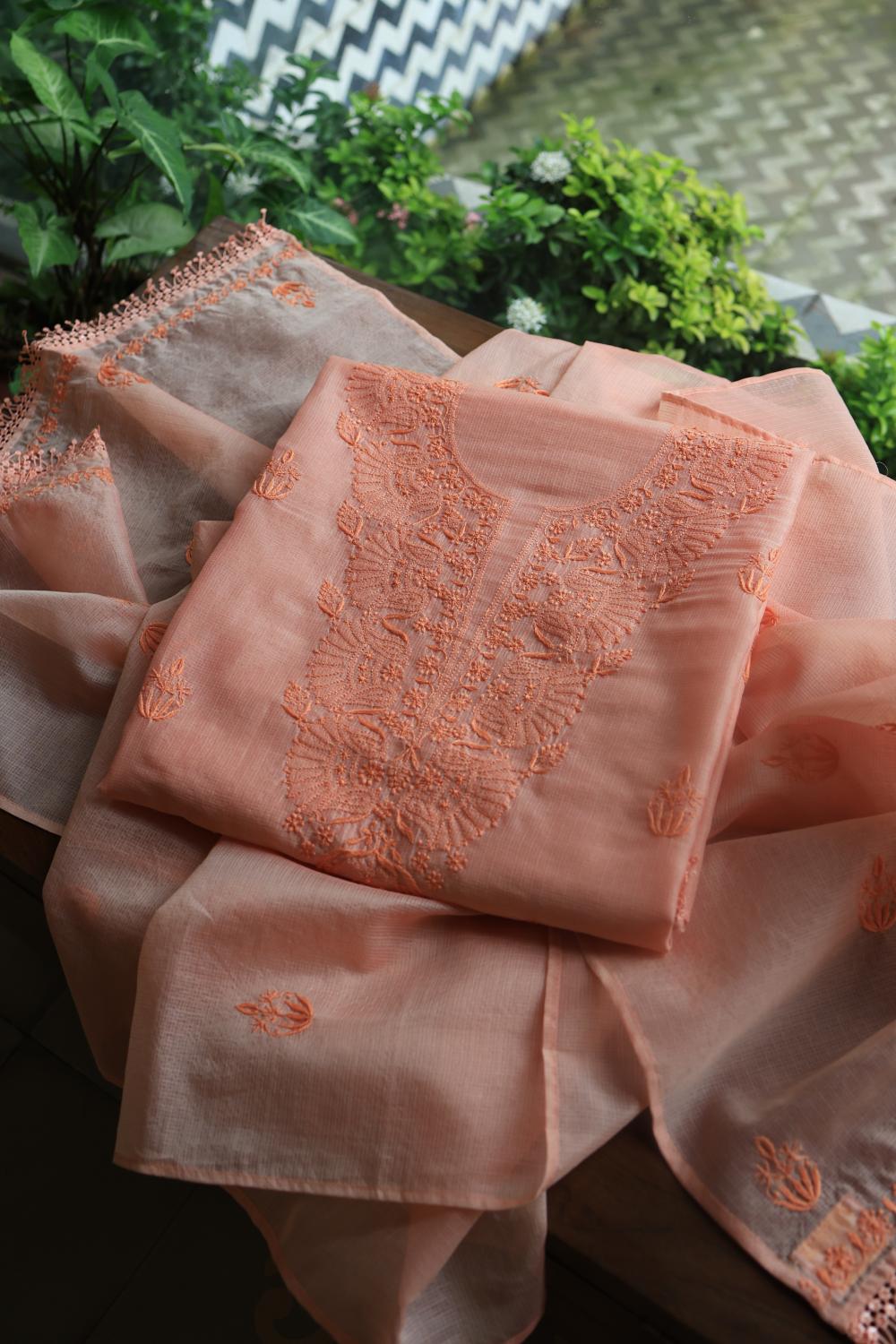 Pastel Peach Kota Chikankari Unstitched Fabric