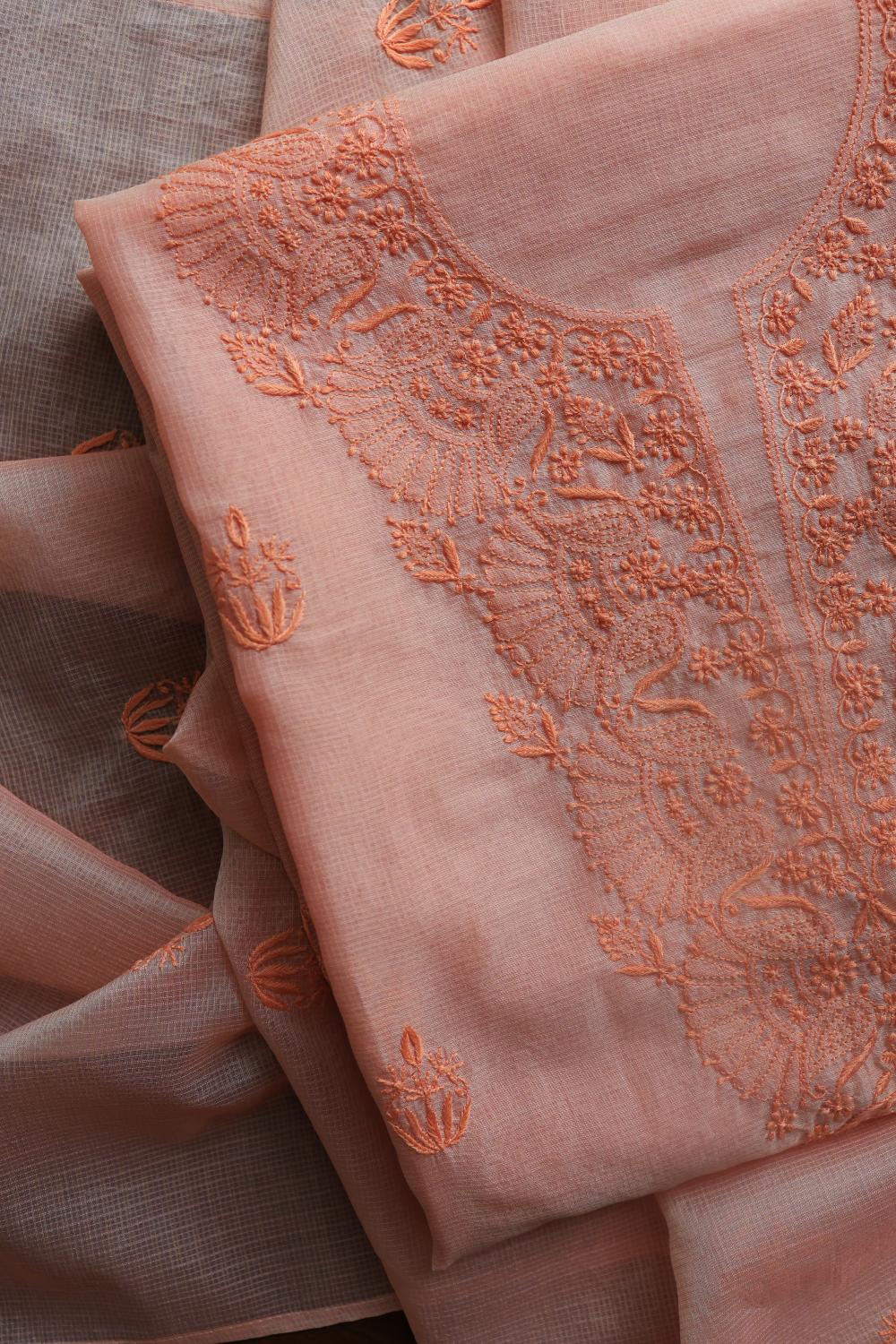 Pastel Peach Kota Chikankari Unstitched Fabric
