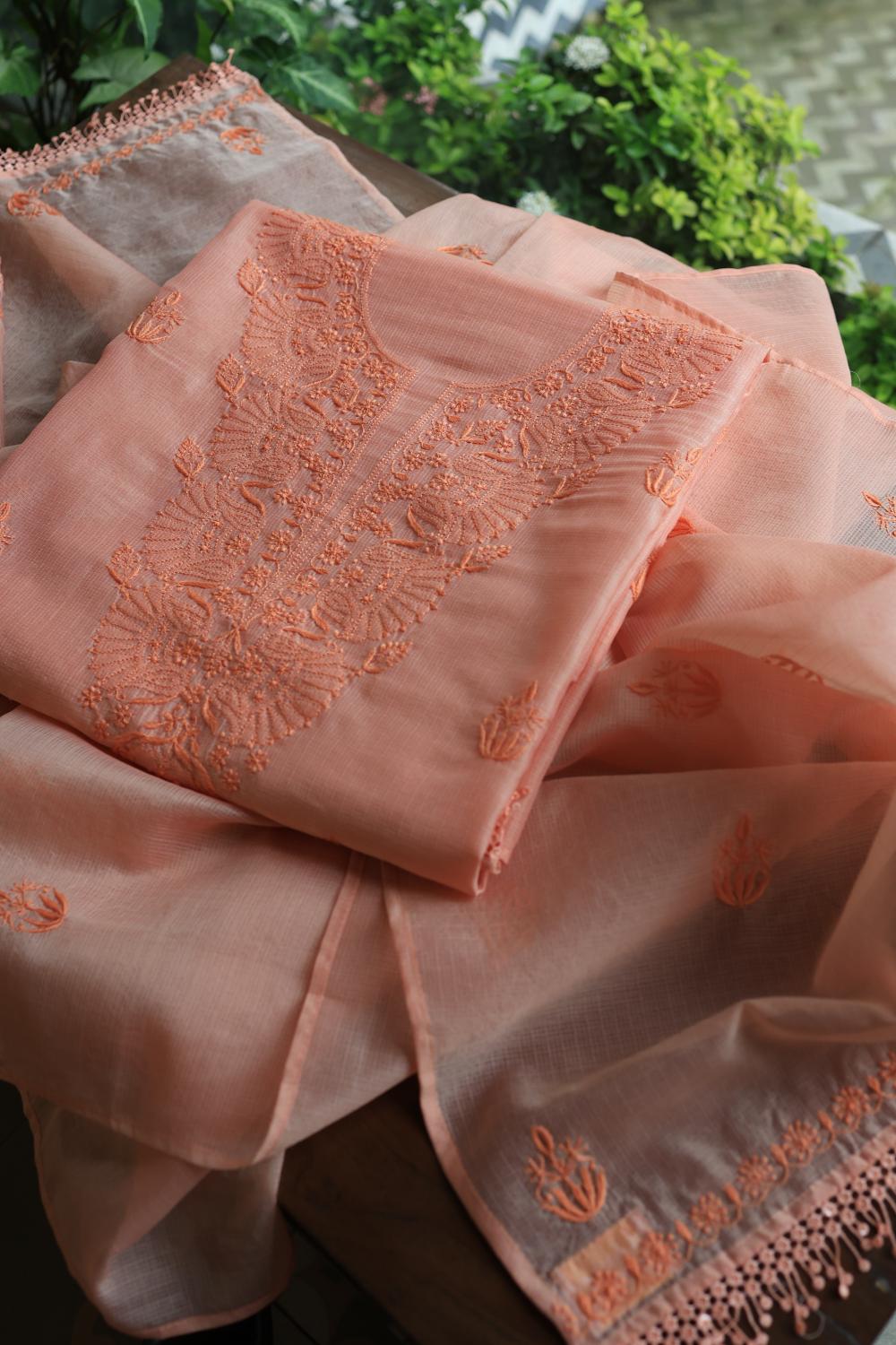 Pastel Peach Kota Chikankari Unstitched Fabric