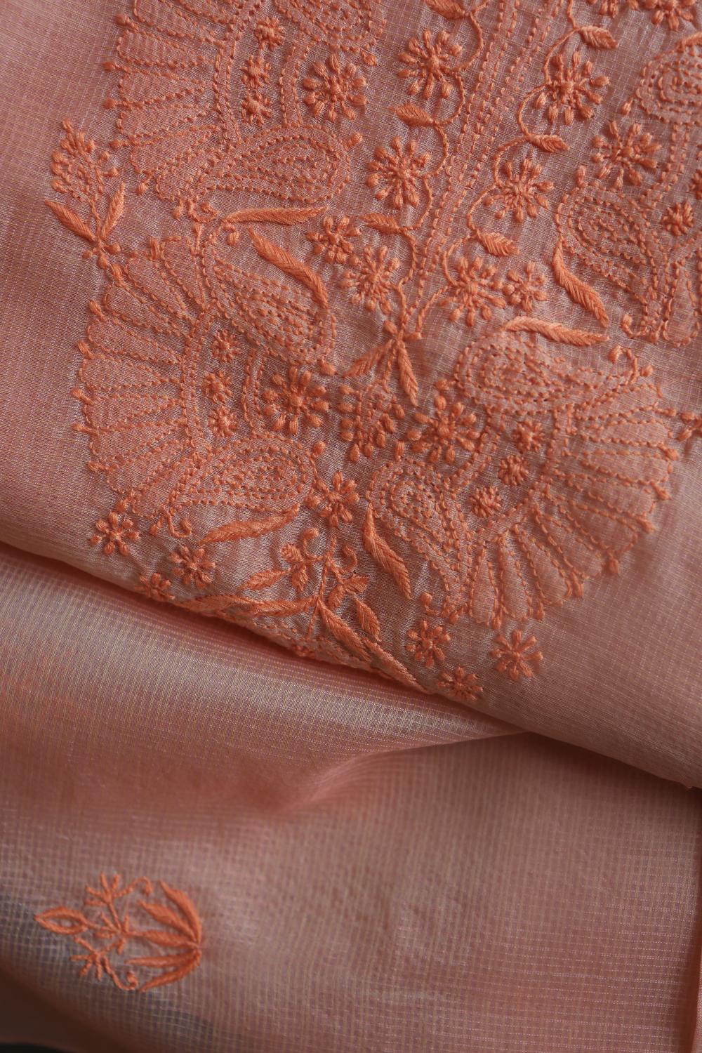 Pastel Peach Kota Chikankari Unstitched Fabric