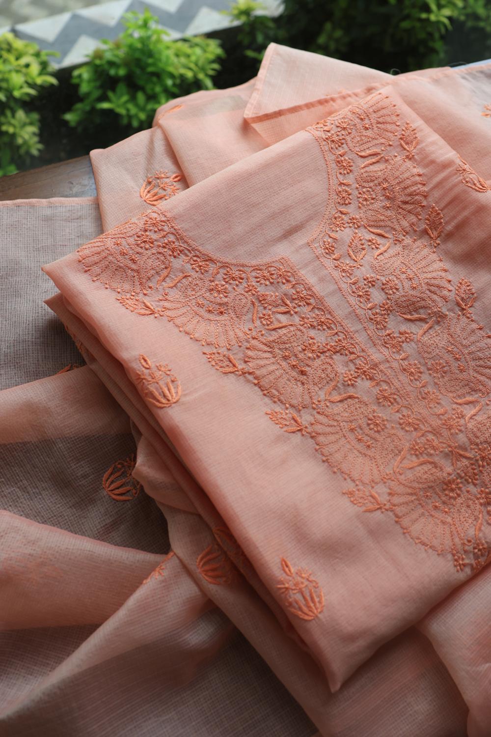Pastel Peach Kota Chikankari Unstitched Fabric