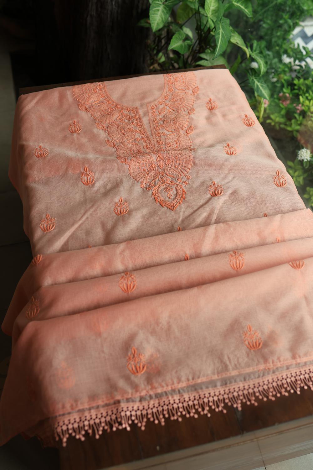 Pastel Peach Kota Chikankari Unstitched Fabric