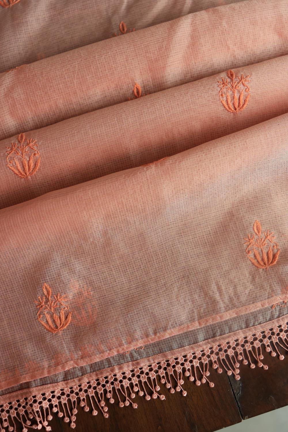 Pastel Peach Kota Chikankari Unstitched Fabric