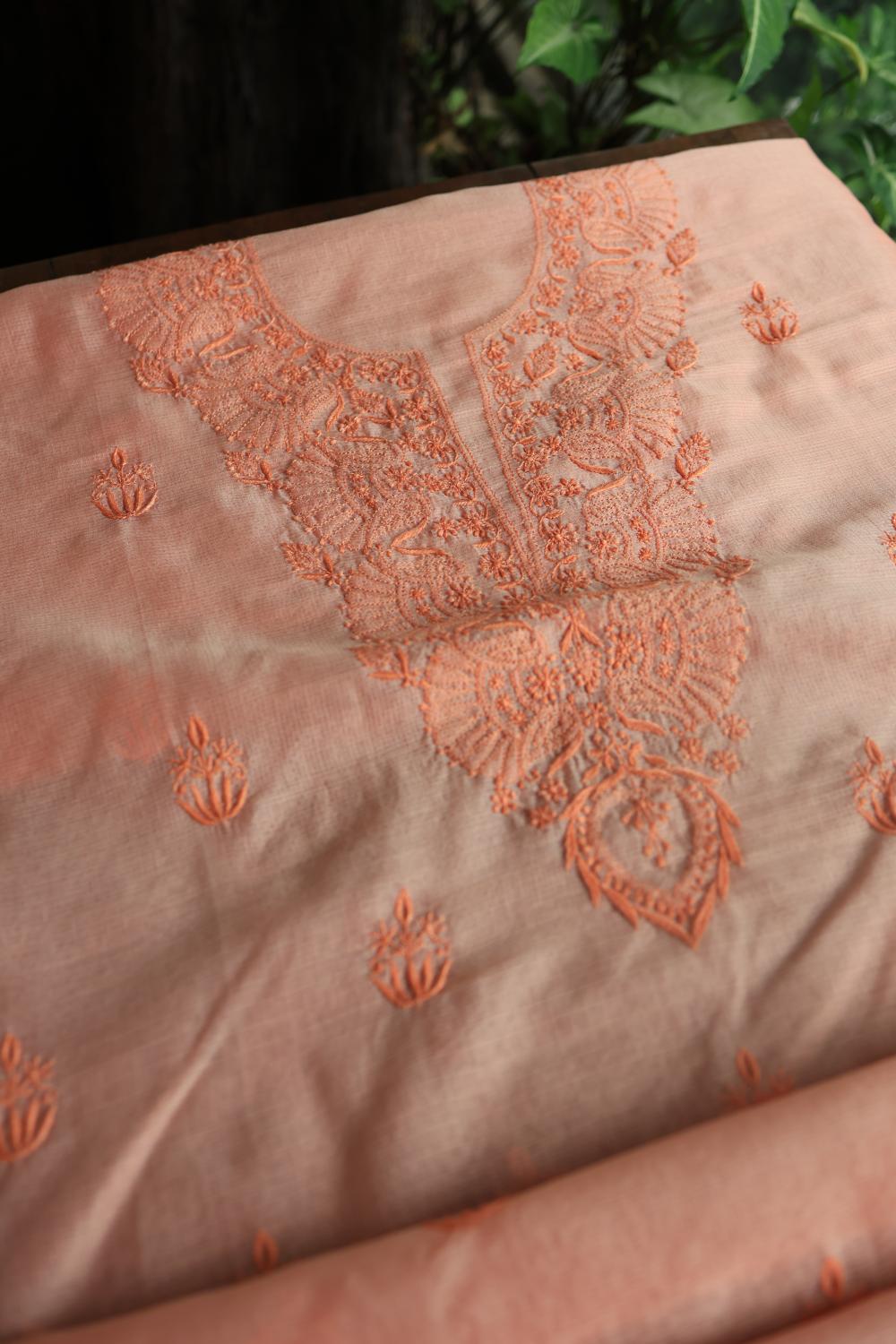 Pastel Peach Kota Chikankari Unstitched Fabric