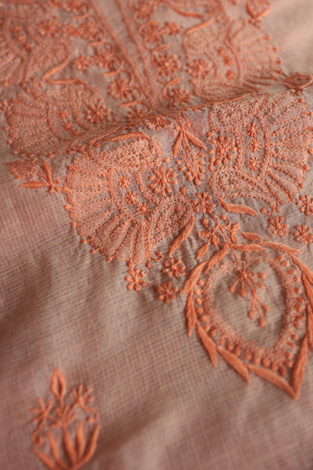 Pastel Peach Kota Chikankari Unstitched Fabric