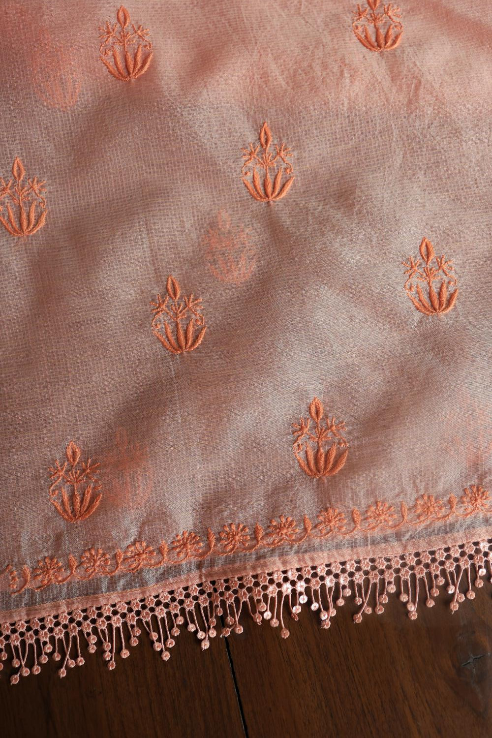 Pastel Peach Kota Chikankari Unstitched Fabric