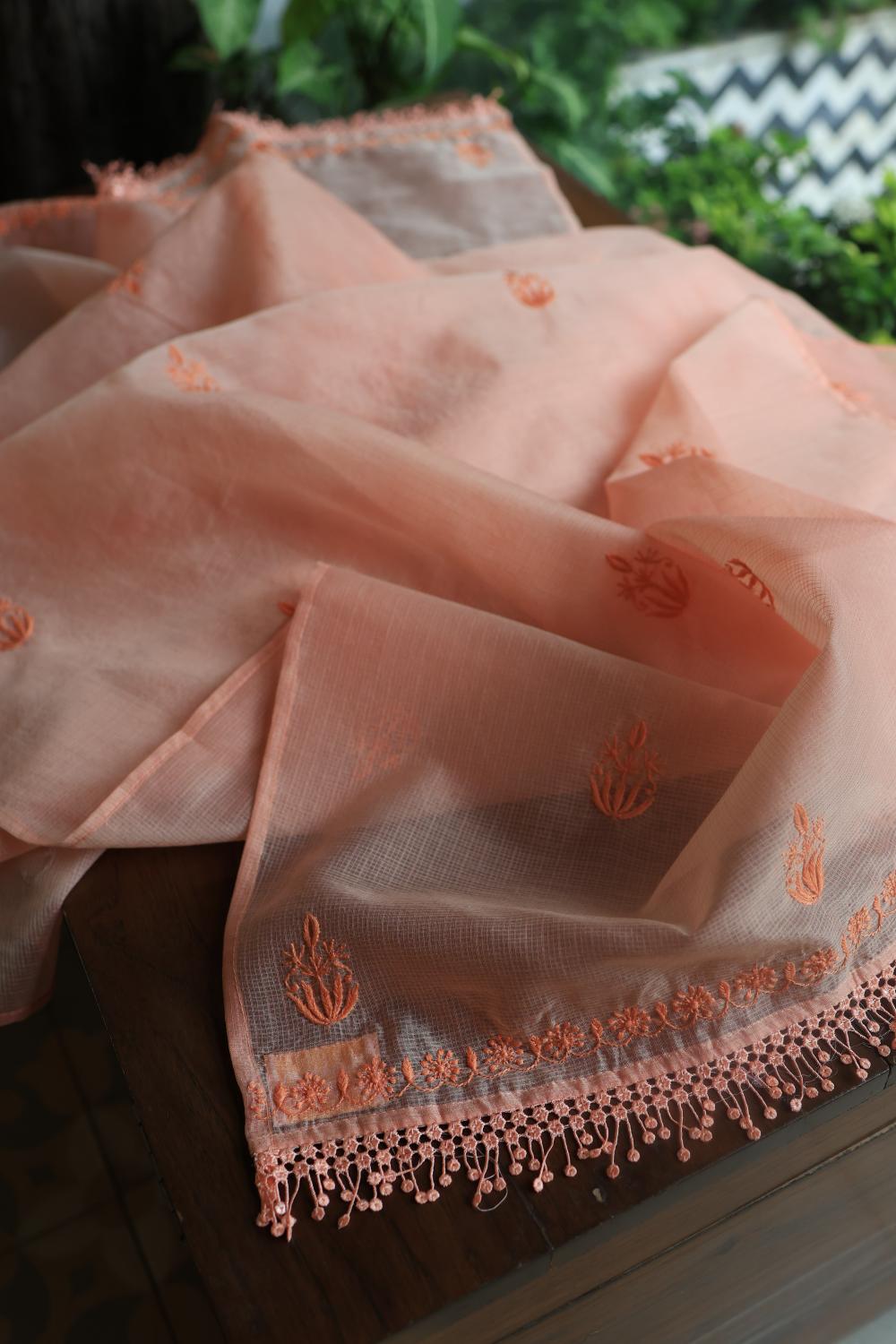 Pastel Peach Kota Chikankari Unstitched Fabric