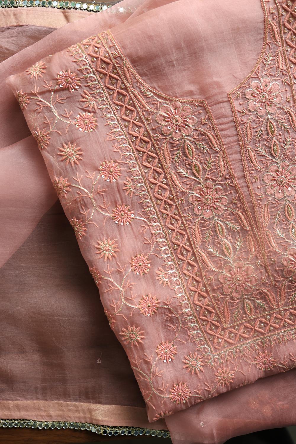 Pastel Peach Noor Organza Silk Chikankari Unstitched Kurta Dupatta Set