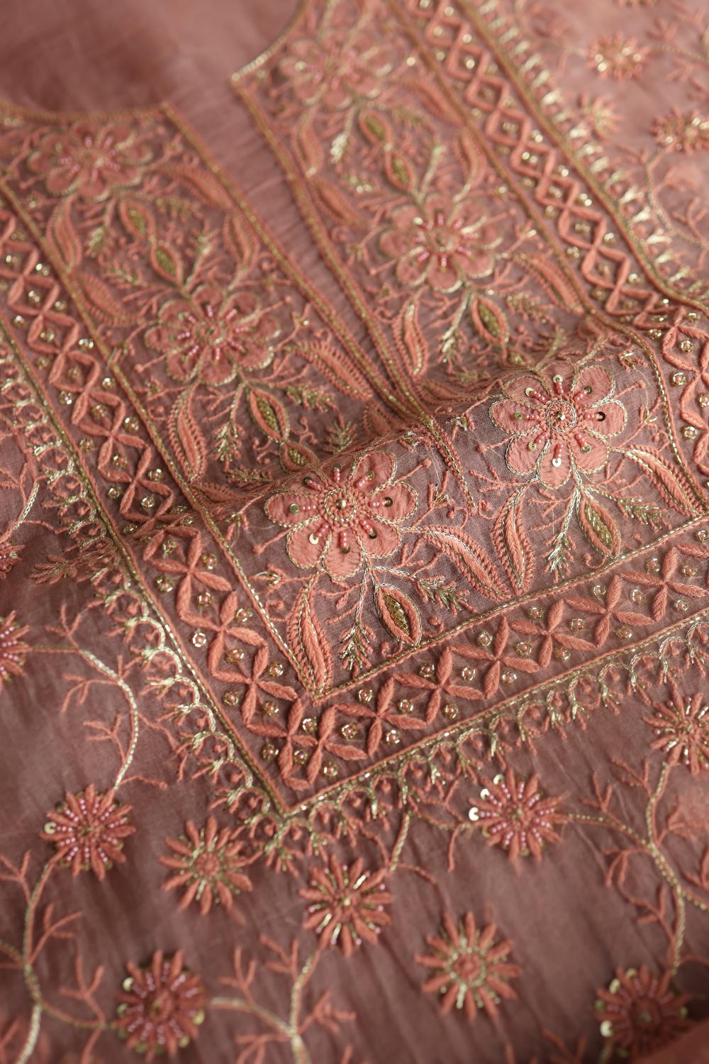 Pastel Peach Noor Organza Silk Chikankari Unstitched Kurta Dupatta Set