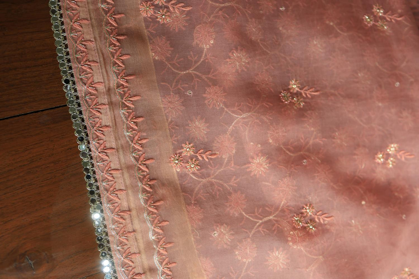 Pastel Peach Noor Organza Silk Chikankari Unstitched Kurta Dupatta Set