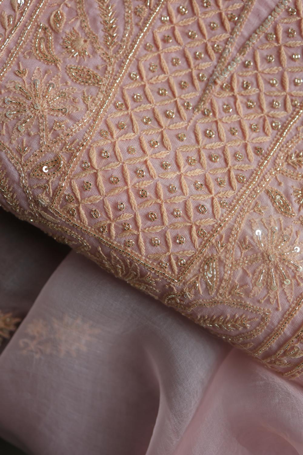 Pastel Peach Noor Organza Silk Chikankari Unstitched Kurta Dupatta Set