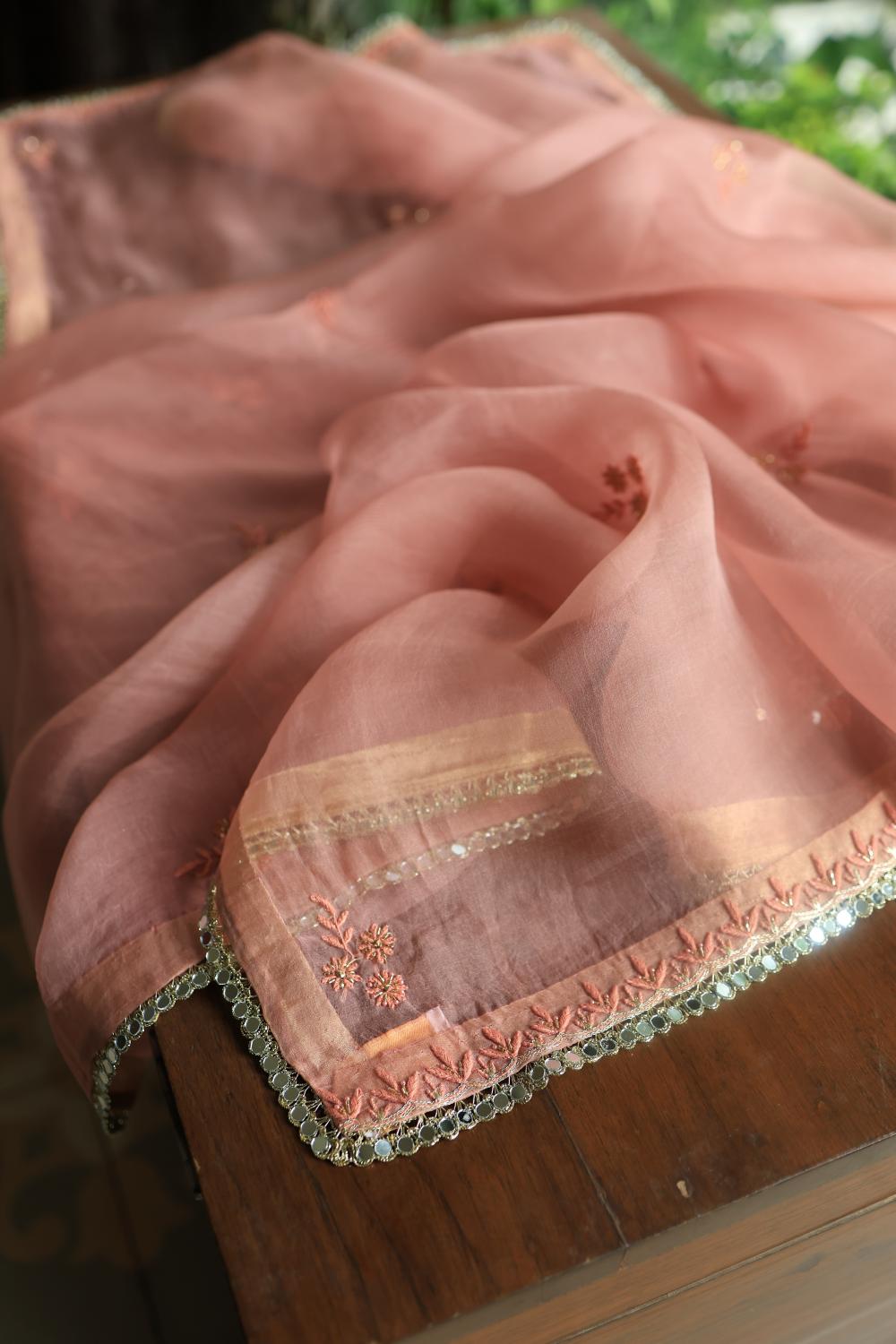 Pastel Peach Noor Organza Silk Chikankari Unstitched Kurta Dupatta Set