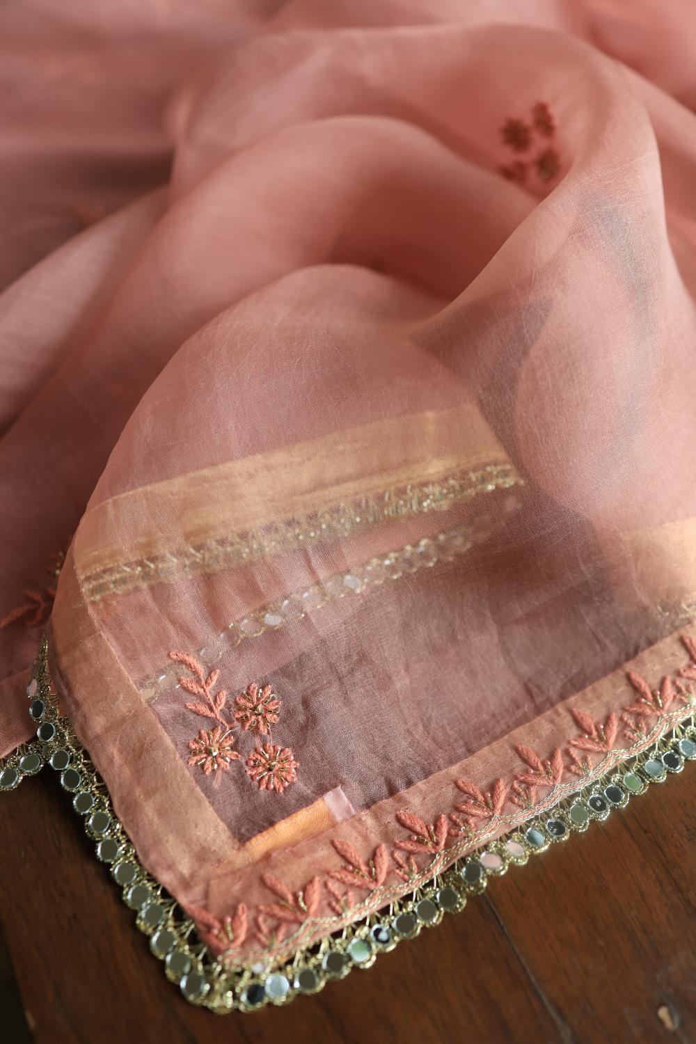 Pastel Peach Noor Organza Silk Chikankari Unstitched Kurta Dupatta Set