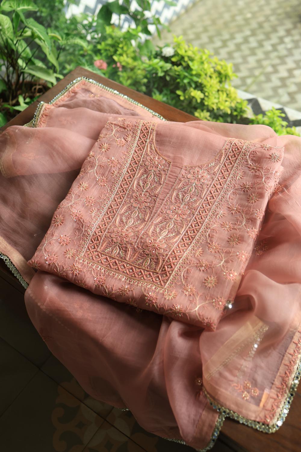 Pastel Peach Noor Organza Silk Chikankari Unstitched Kurta Dupatta Set