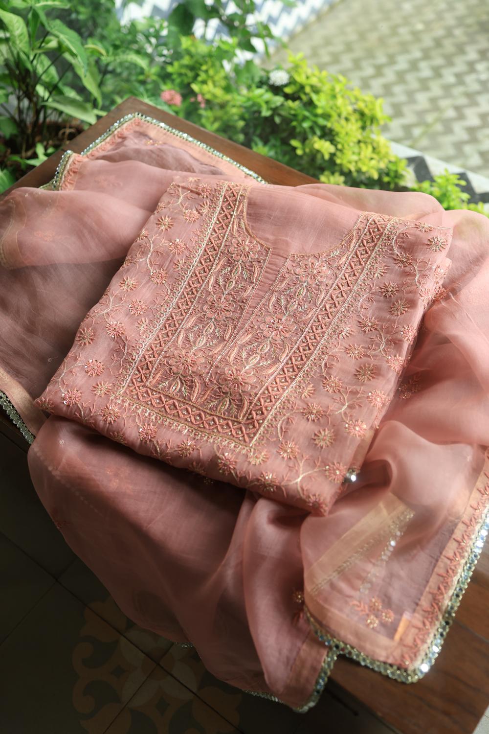 Pastel Peach Noor Organza Silk Chikankari Unstitched Kurta Dupatta Set