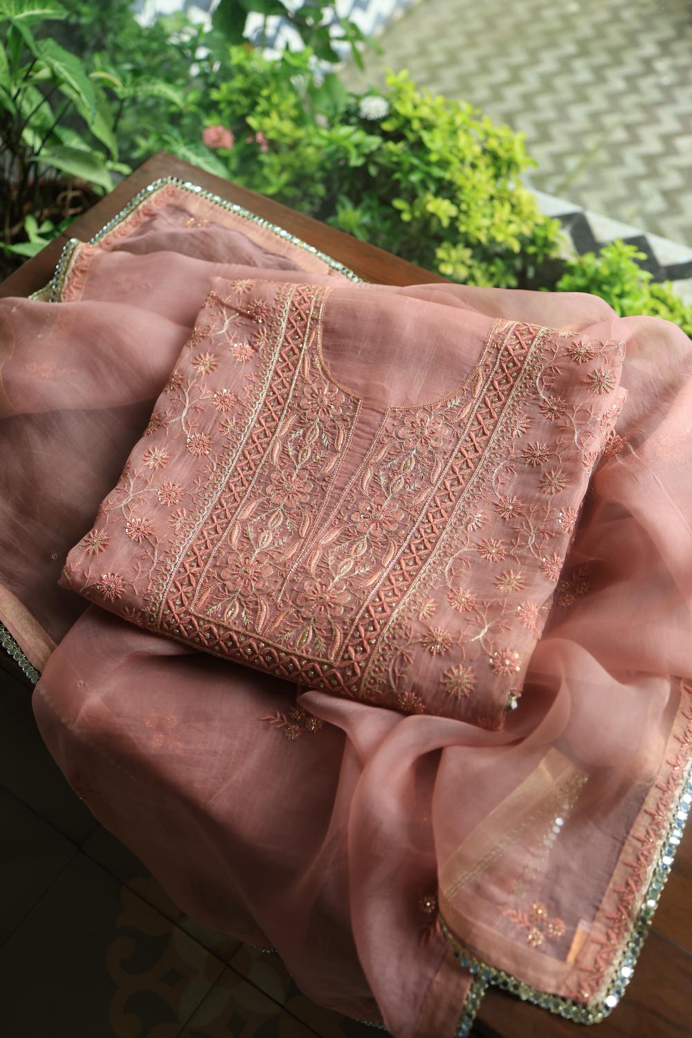 Pastel Peach Noor Organza Silk Chikankari Unstitched Kurta Dupatta Set
