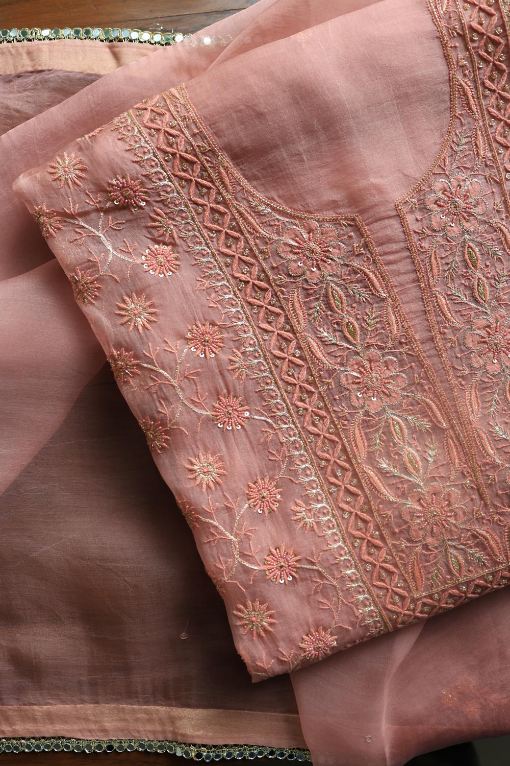 Pastel Peach Noor Organza Silk Chikankari Unstitched Kurta Dupatta Set