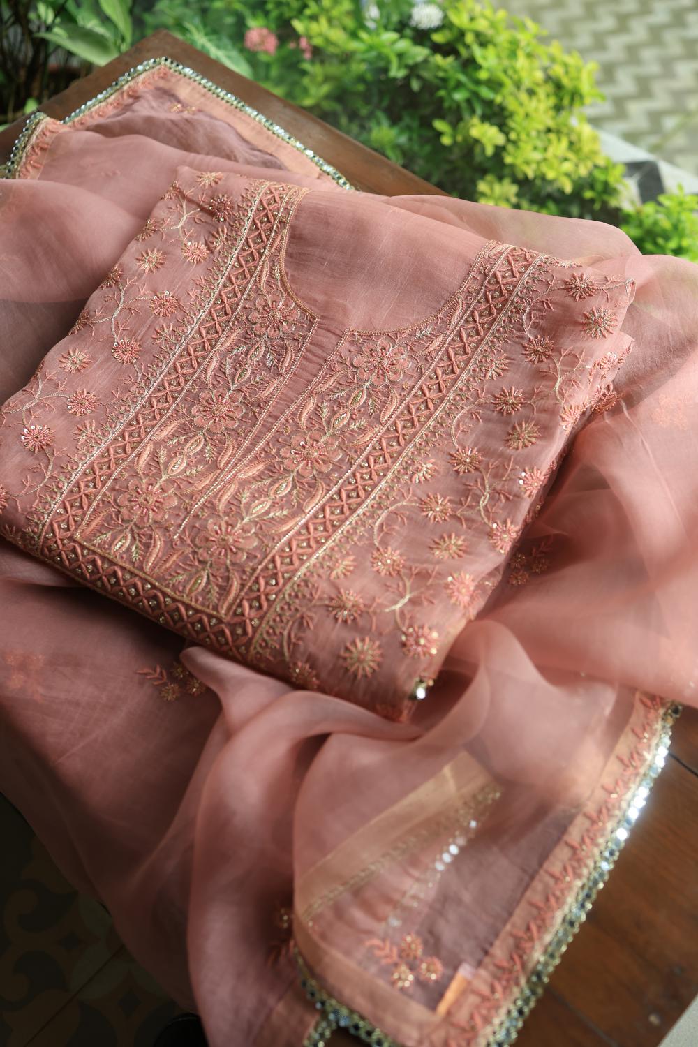 Pastel Peach Noor Organza Silk Chikankari Unstitched Kurta Dupatta Set