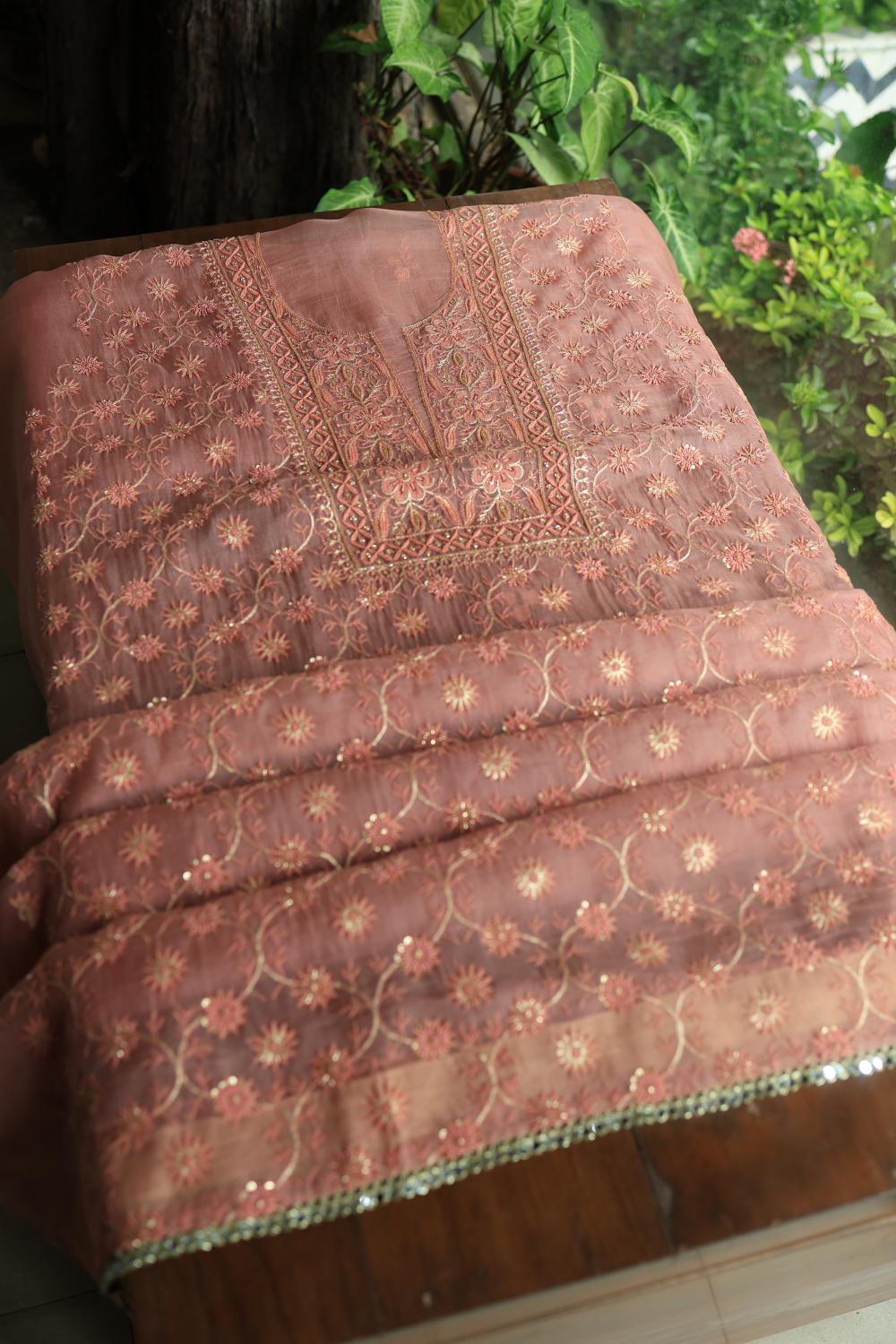 Pastel Peach Noor Organza Silk Chikankari Unstitched Kurta Dupatta Set