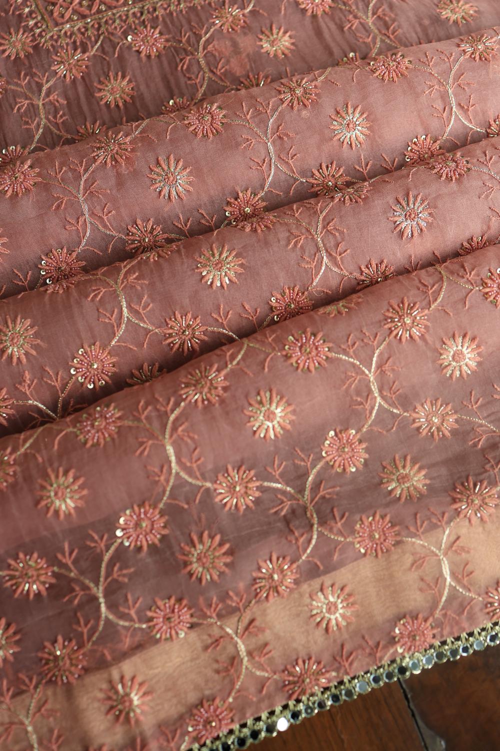 Pastel Peach Noor Organza Silk Chikankari Unstitched Kurta Dupatta Set