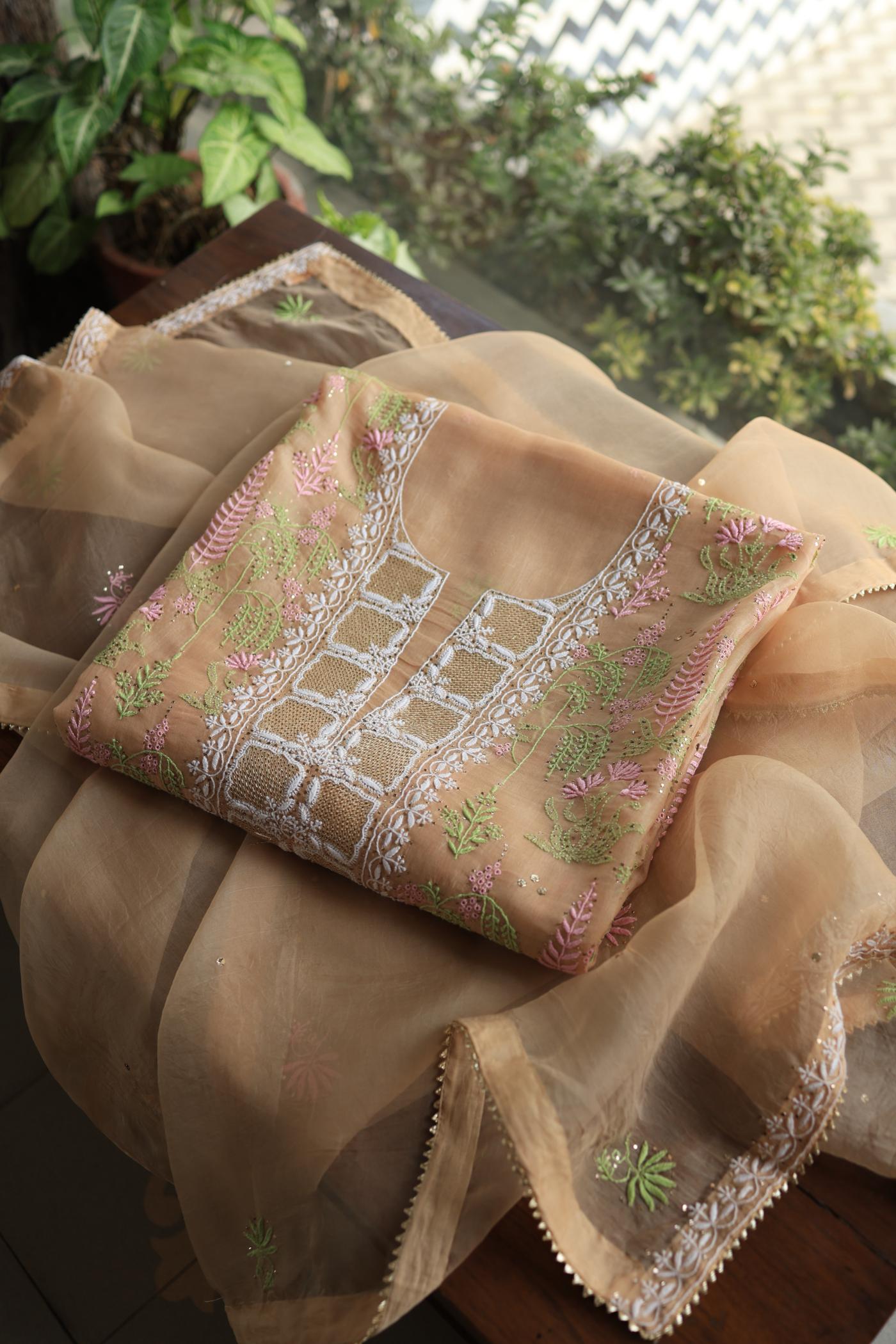 Pastel Peach Noor Organza Silk Chikankari With Kamdani Fabric