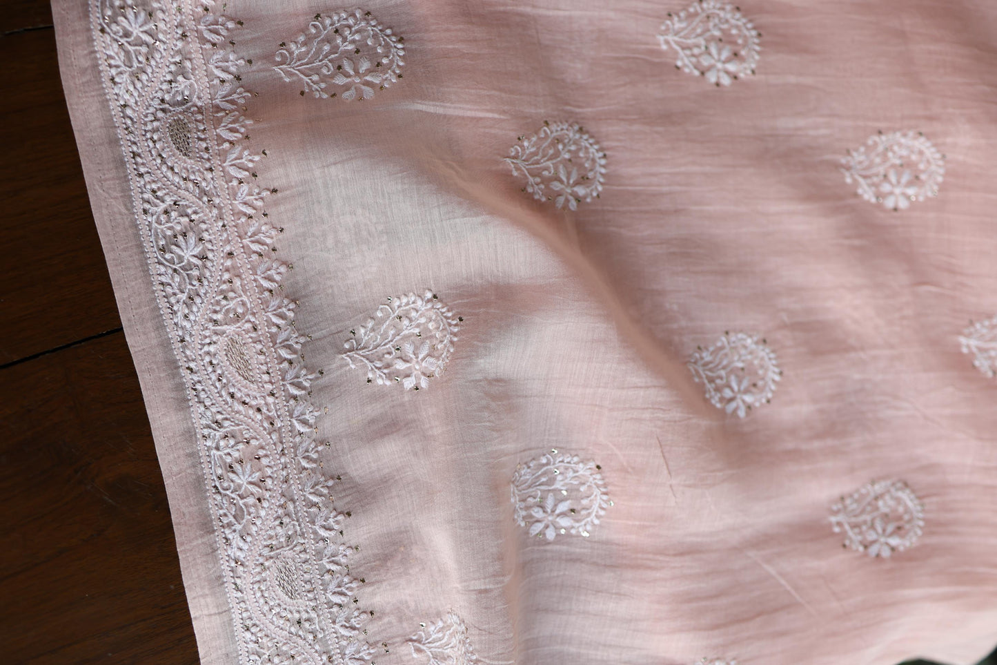 Pastel Peach Shade Mal Cotton Fine Chikankari Unstitched Fabric