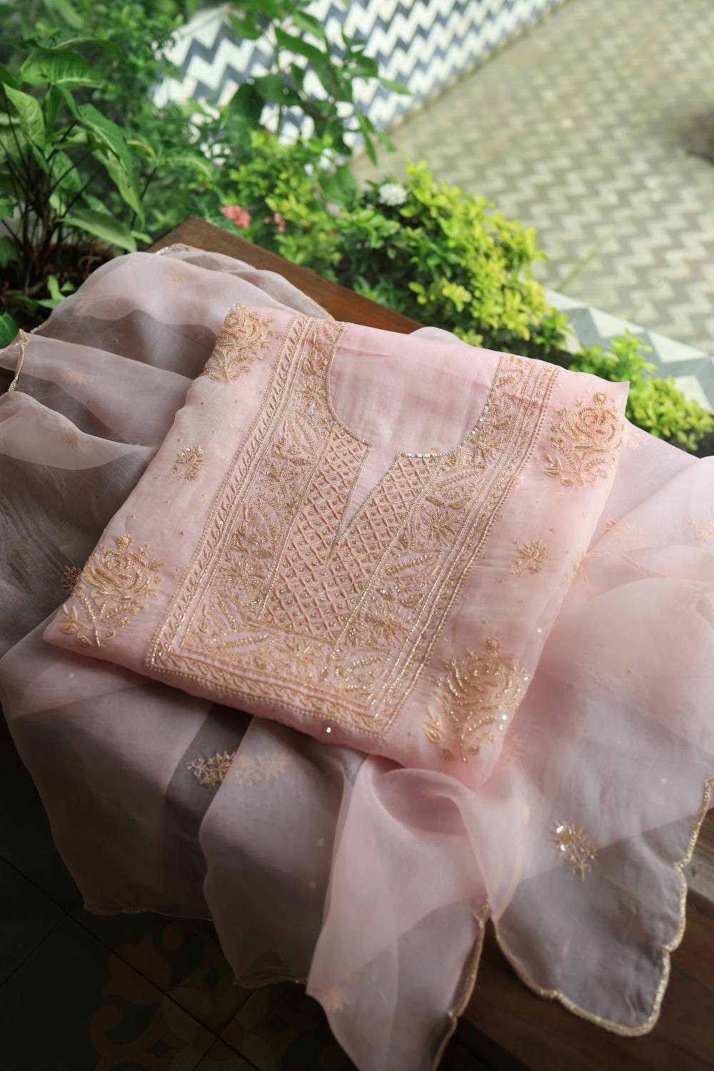 Pastel Pink Noor Organza Silk Chikankari Unstitched Kurta Dupatta Set