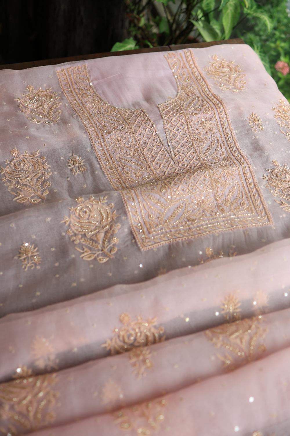 Pastel Pink Noor Organza Silk Chikankari Unstitched Kurta Dupatta Set
