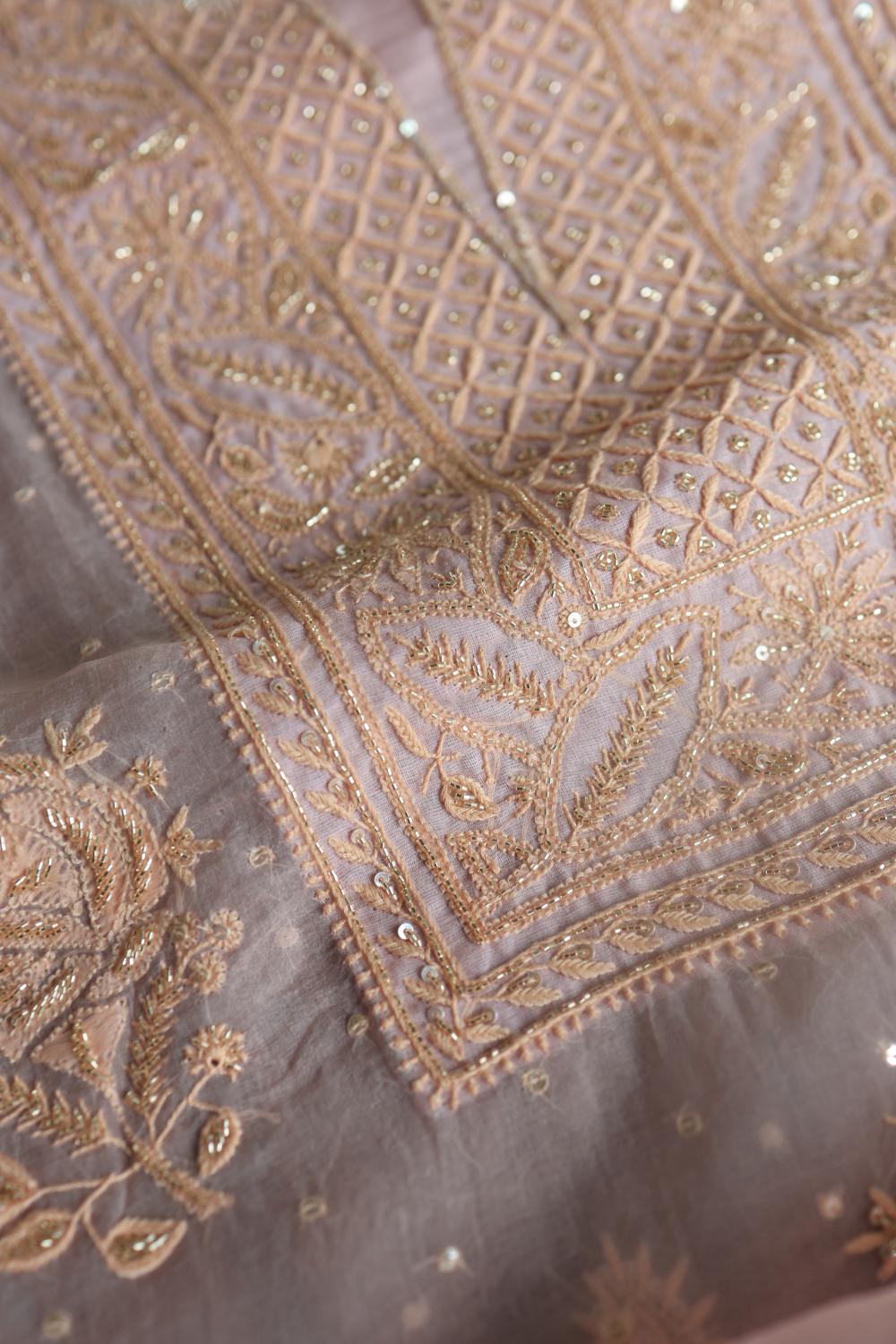 Pastel Pink Noor Organza Silk Chikankari Unstitched Kurta Dupatta Set