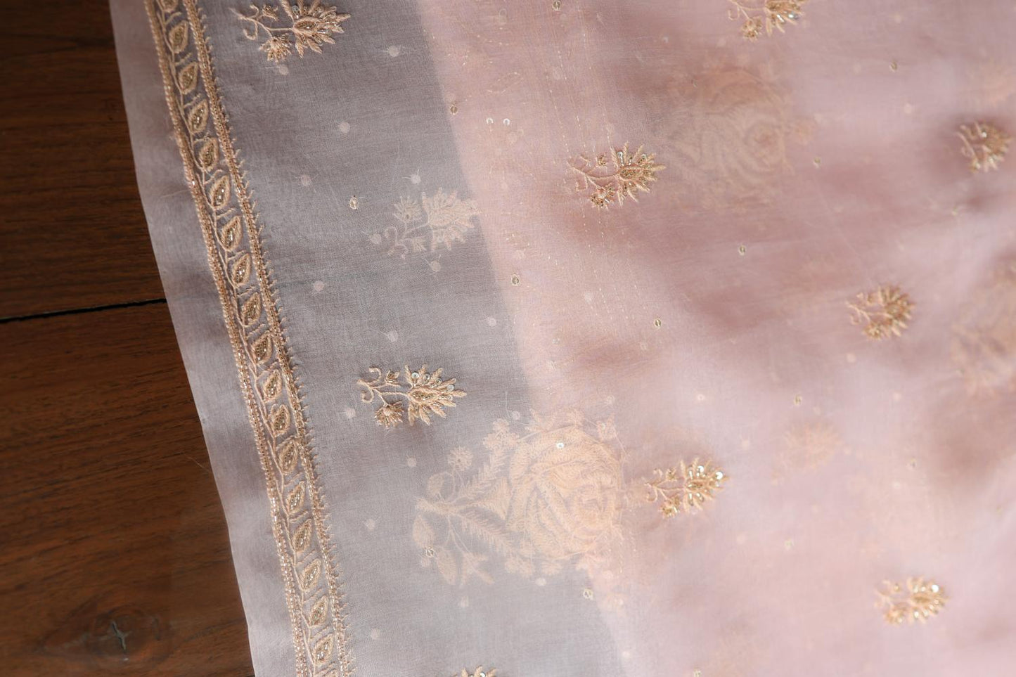 Pastel Pink Noor Organza Silk Chikankari Unstitched Kurta Dupatta Set