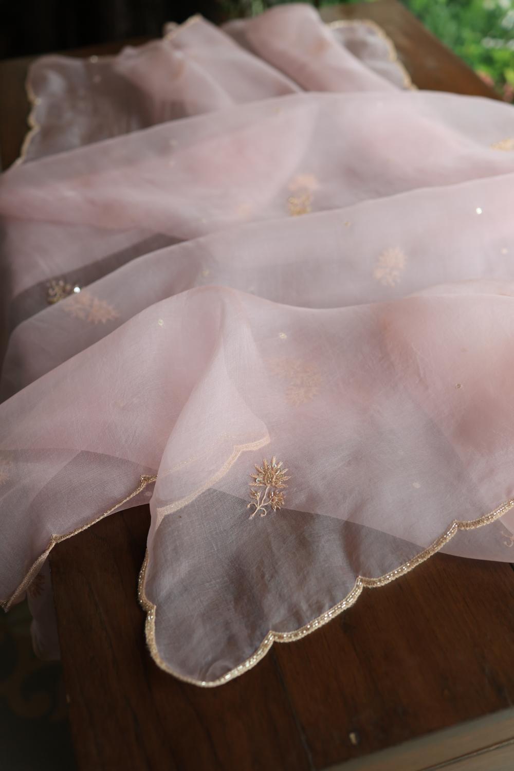 Pastel Pink Noor Organza Silk Chikankari Unstitched Kurta Dupatta Set