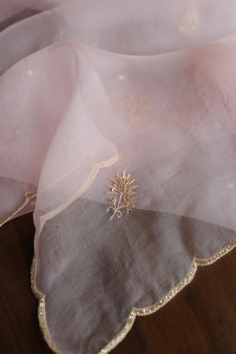 Pastel Pink Noor Organza Silk Chikankari Unstitched Kurta Dupatta Set