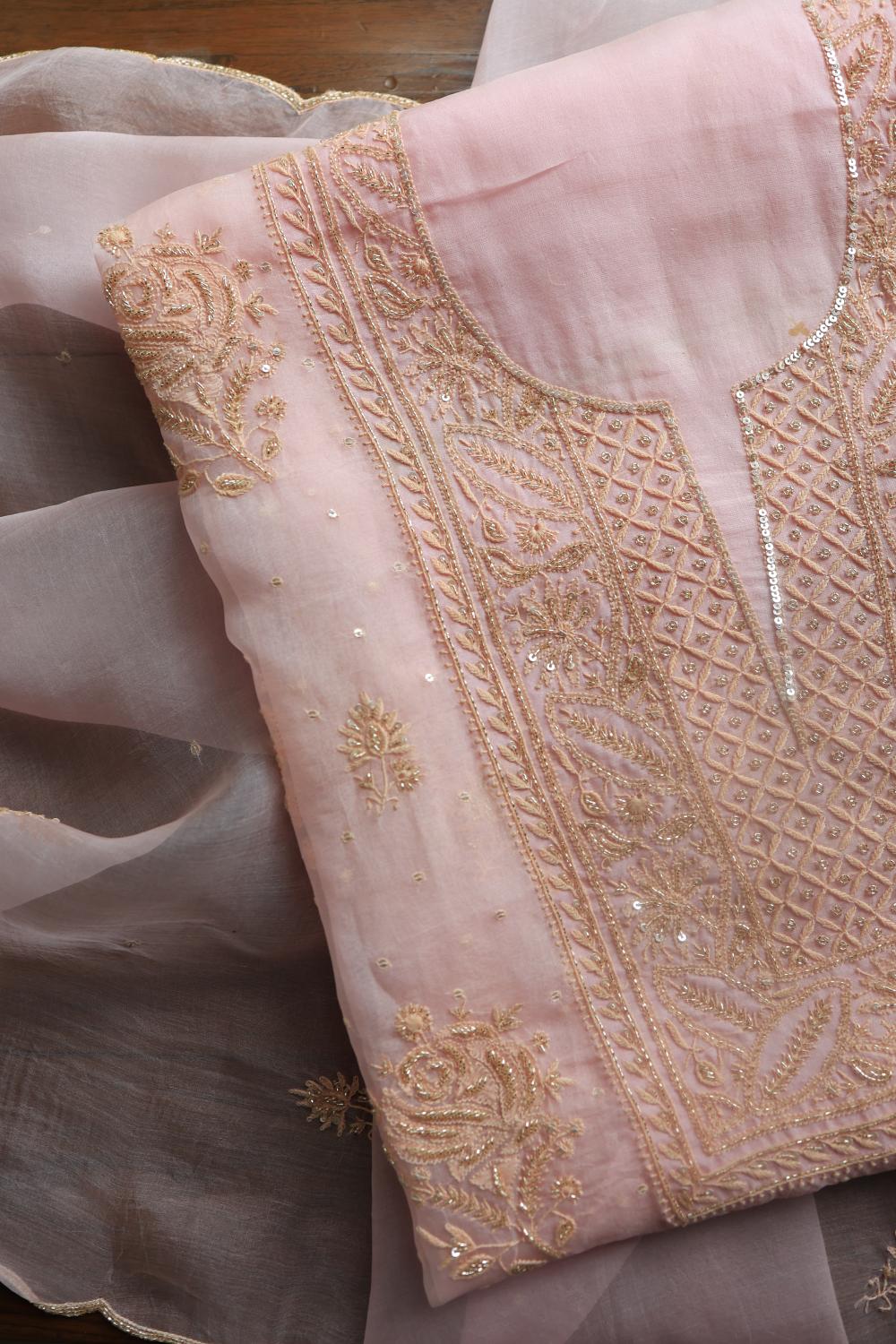 Pastel Pink Noor Organza Silk Chikankari Unstitched Kurta Dupatta Set