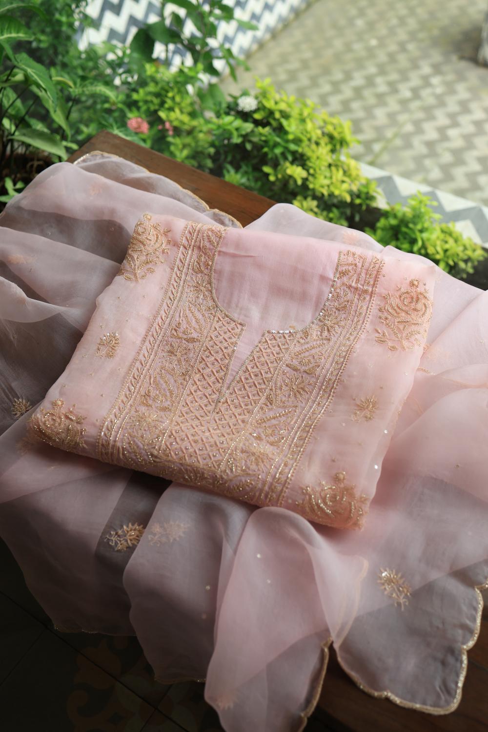 Pastel Pink Noor Organza Silk Chikankari Unstitched Kurta Dupatta Set