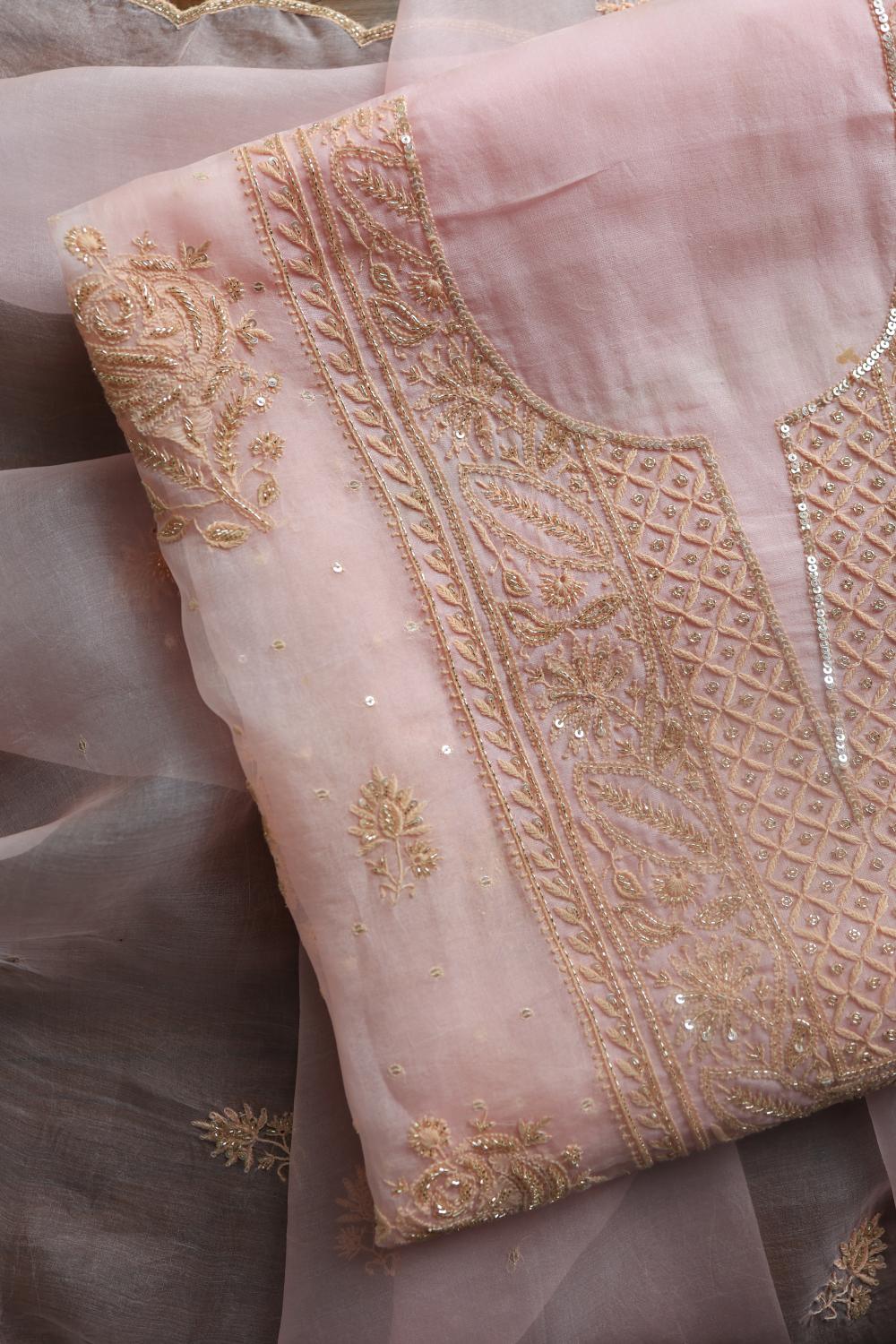 Pastel Pink Noor Organza Silk Chikankari Unstitched Kurta Dupatta Set