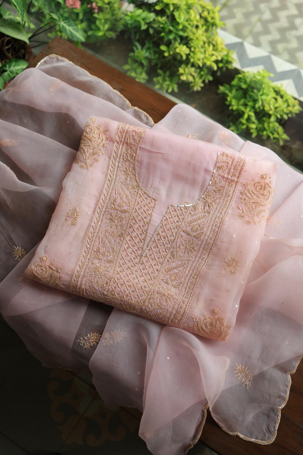 Pastel Pink Noor Organza Silk Chikankari Unstitched Kurta Dupatta Set