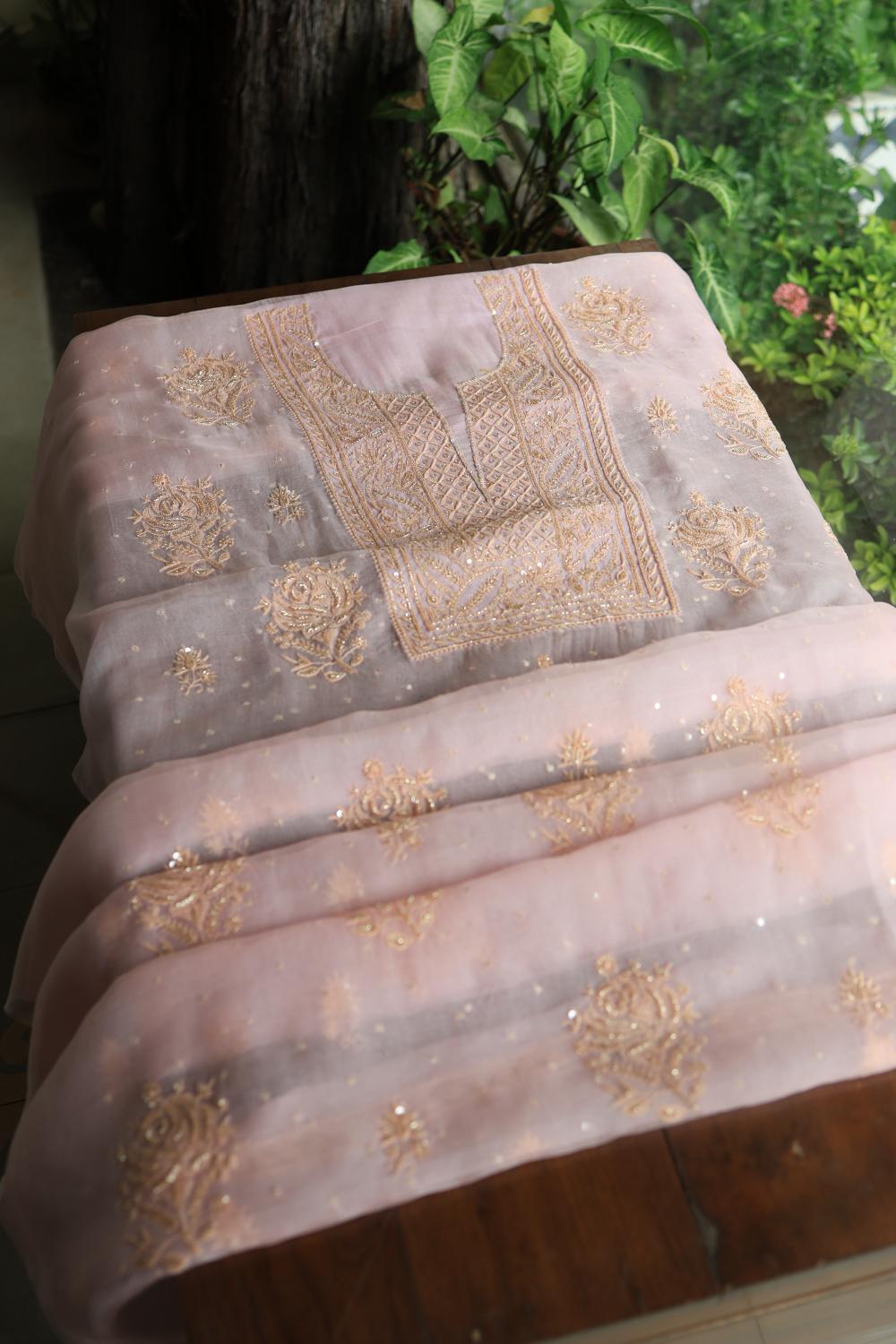 Pastel Pink Noor Organza Silk Chikankari Unstitched Kurta Dupatta Set