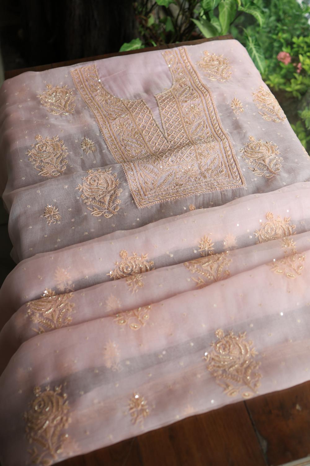 Pastel Pink Noor Organza Silk Chikankari Unstitched Kurta Dupatta Set