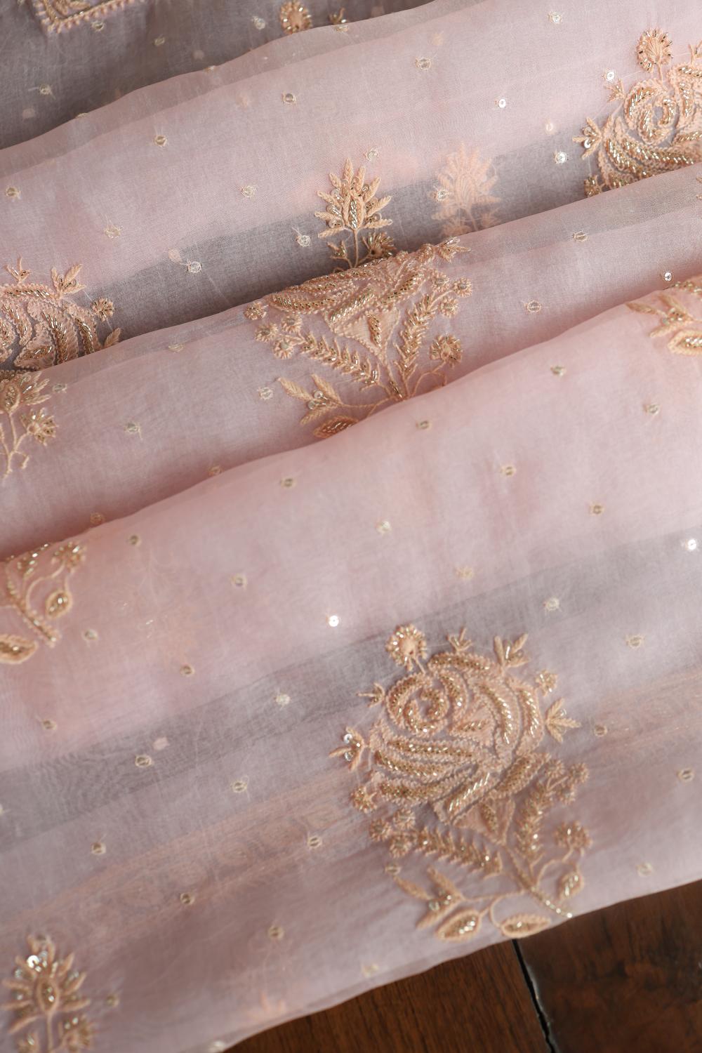 Pastel Pink Noor Organza Silk Chikankari Unstitched Kurta Dupatta Set