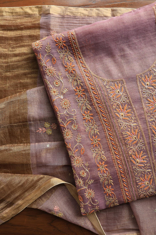 Pastel Purple Tissue Silk Chikankari Unstitched Fabric