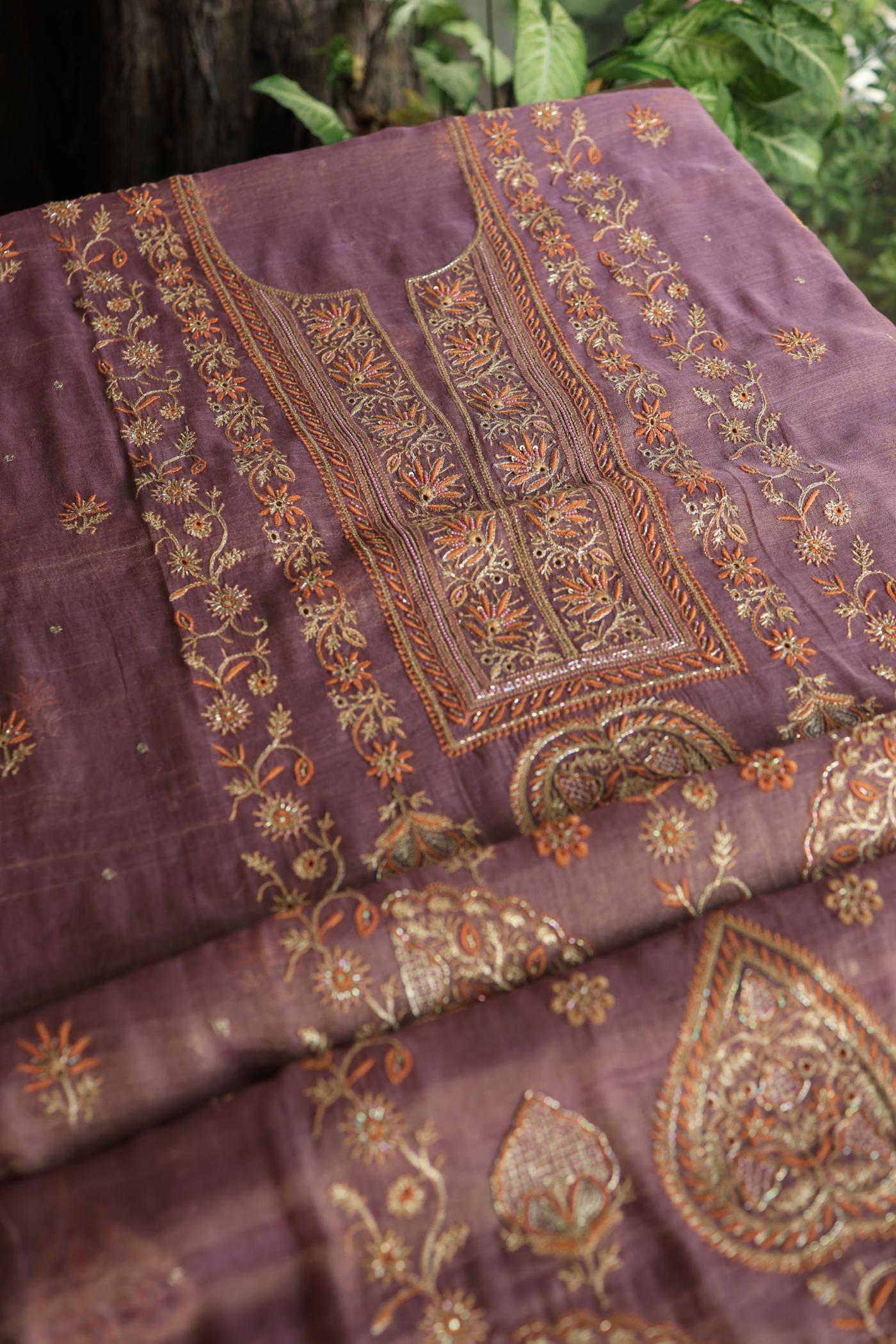 Dull Purple Tissue Silk Chikankari Unstitched Fabric