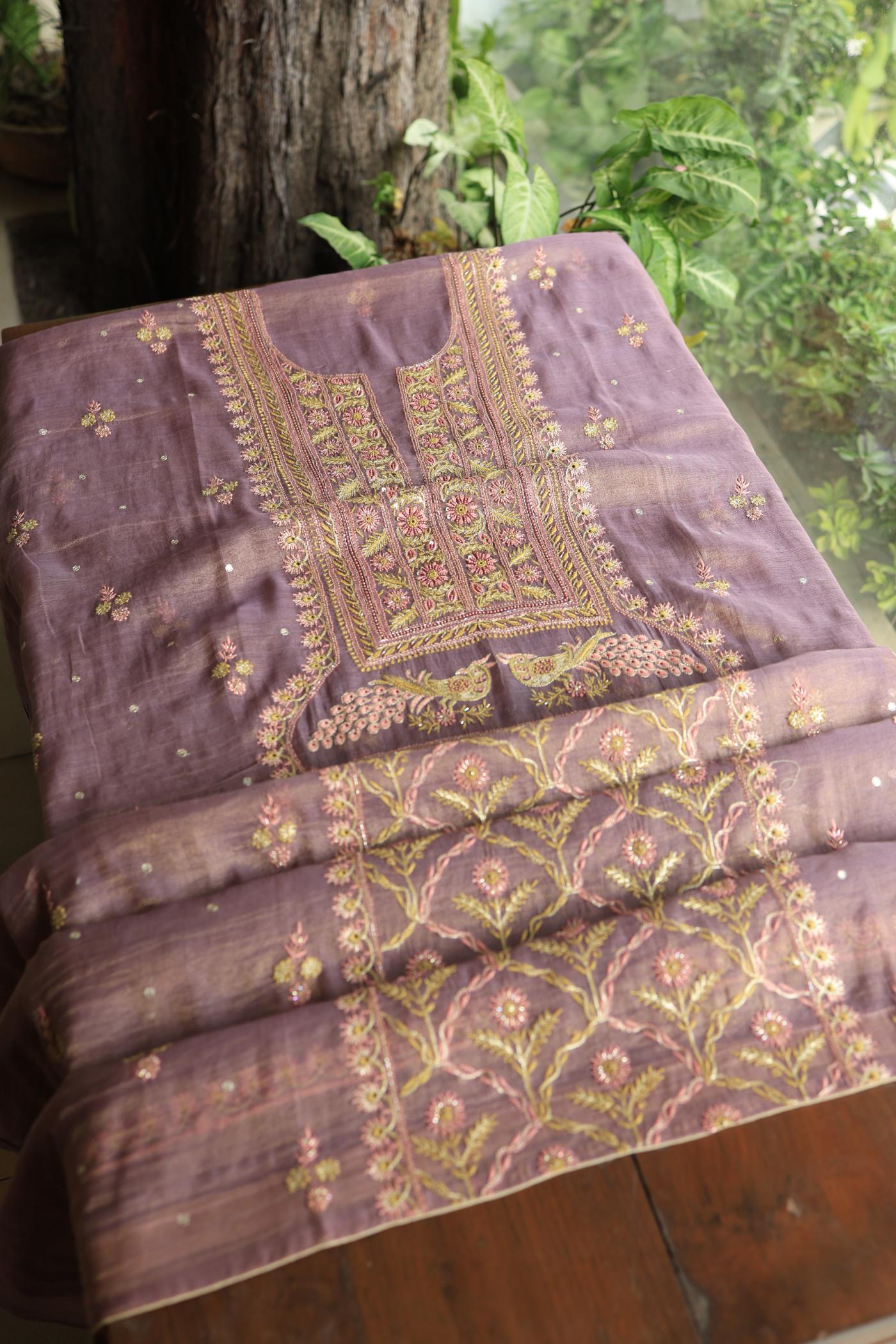 Pastel Purple Tissue Silk Chikankari Unstitched Fabric