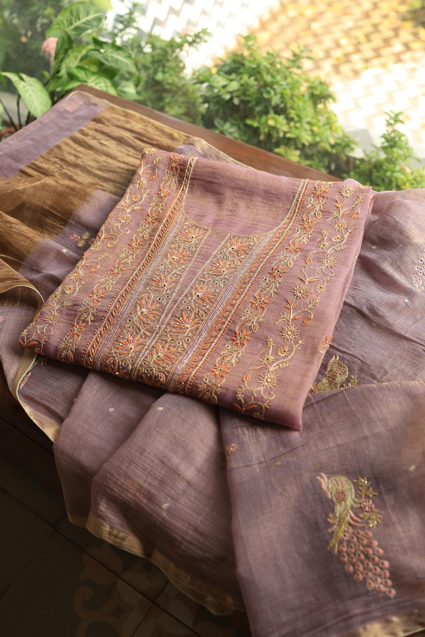 Pastel Purple Tissue Silk Chikankari Unstitched Fabric