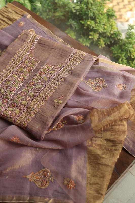 Dull Purple Tissue Silk Chikankari Unstitched Fabric