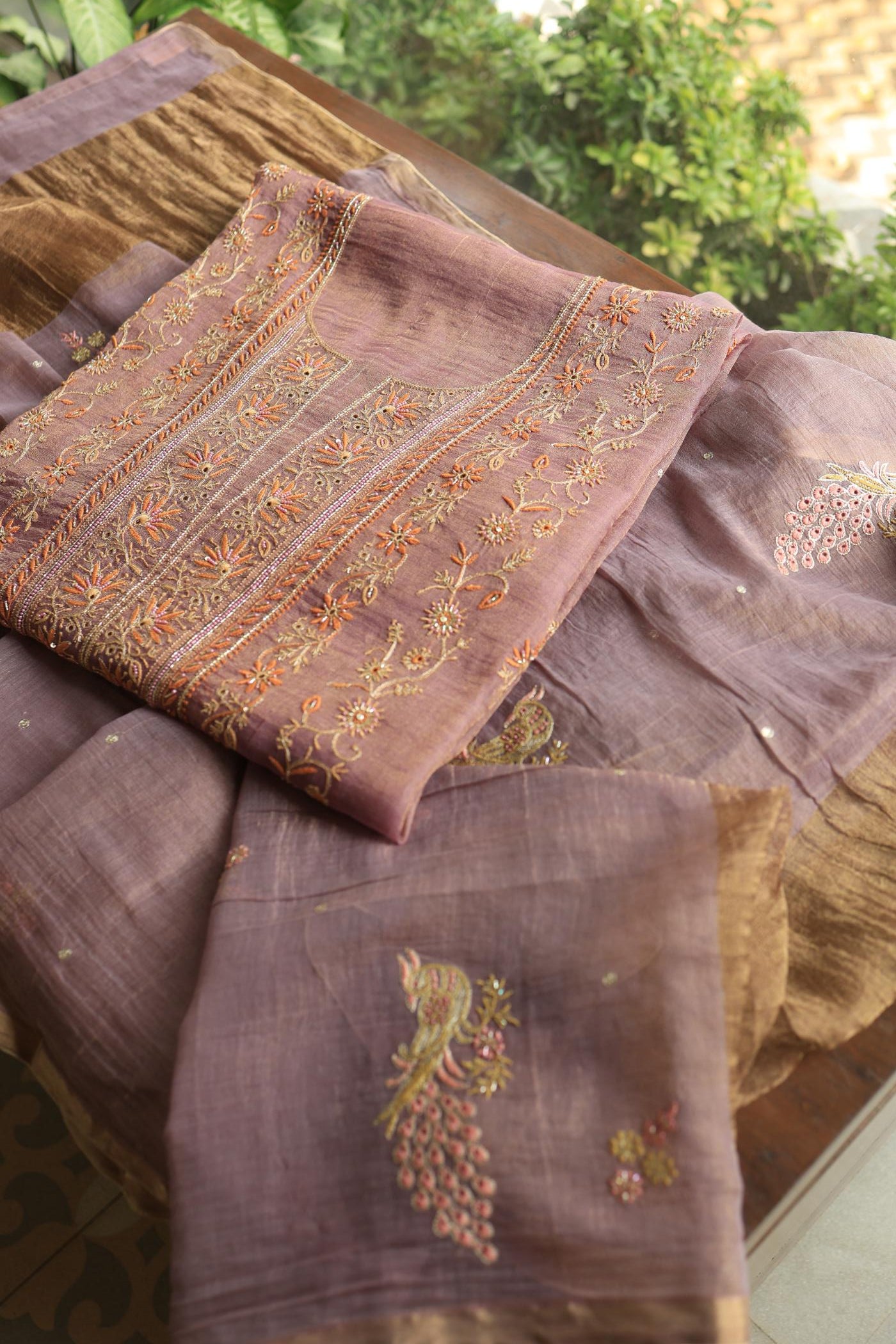 Pastel Purple Tissue Silk Chikankari Unstitched Fabric