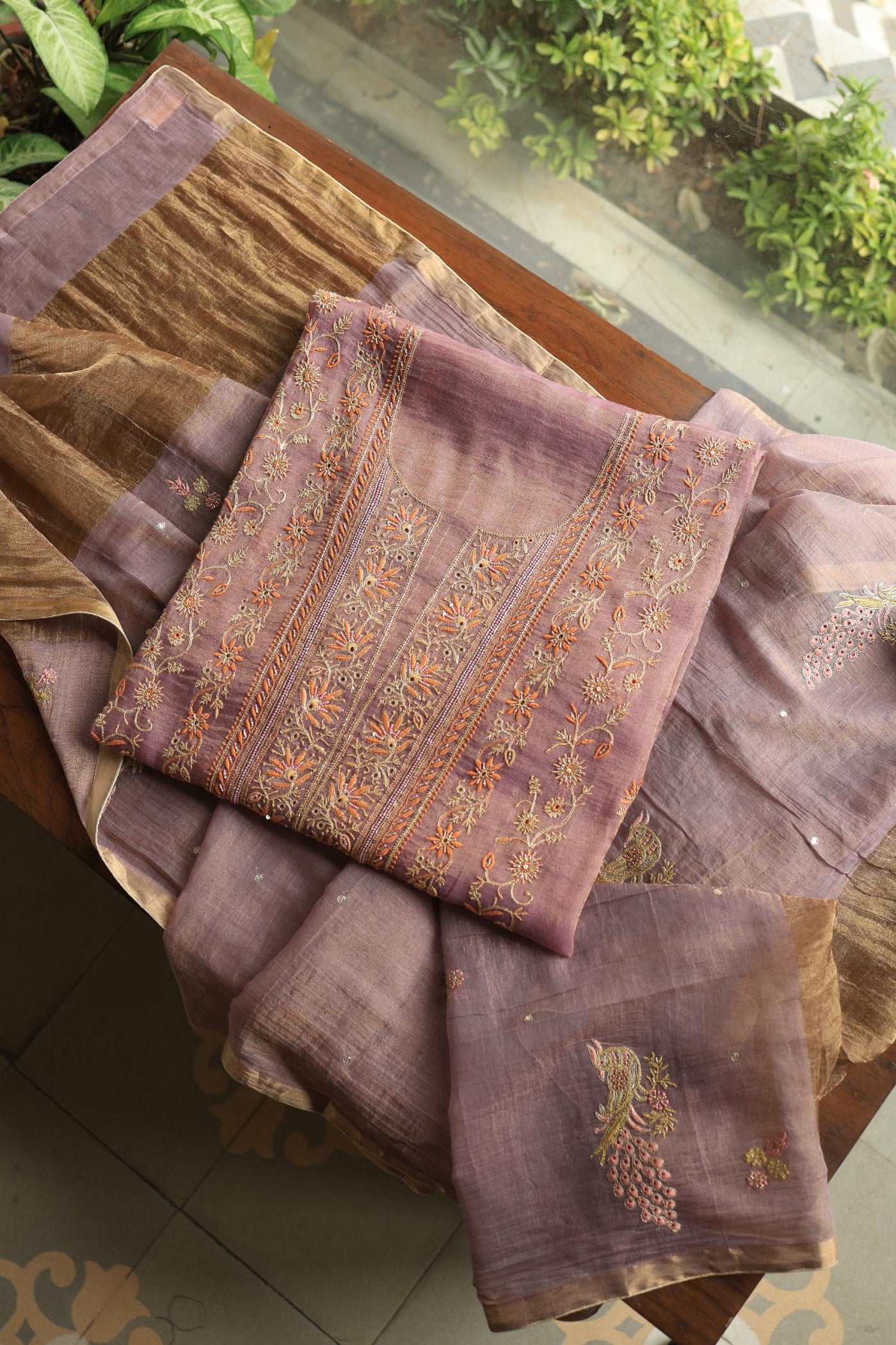 Pastel Purple Tissue Silk Chikankari Unstitched Fabric