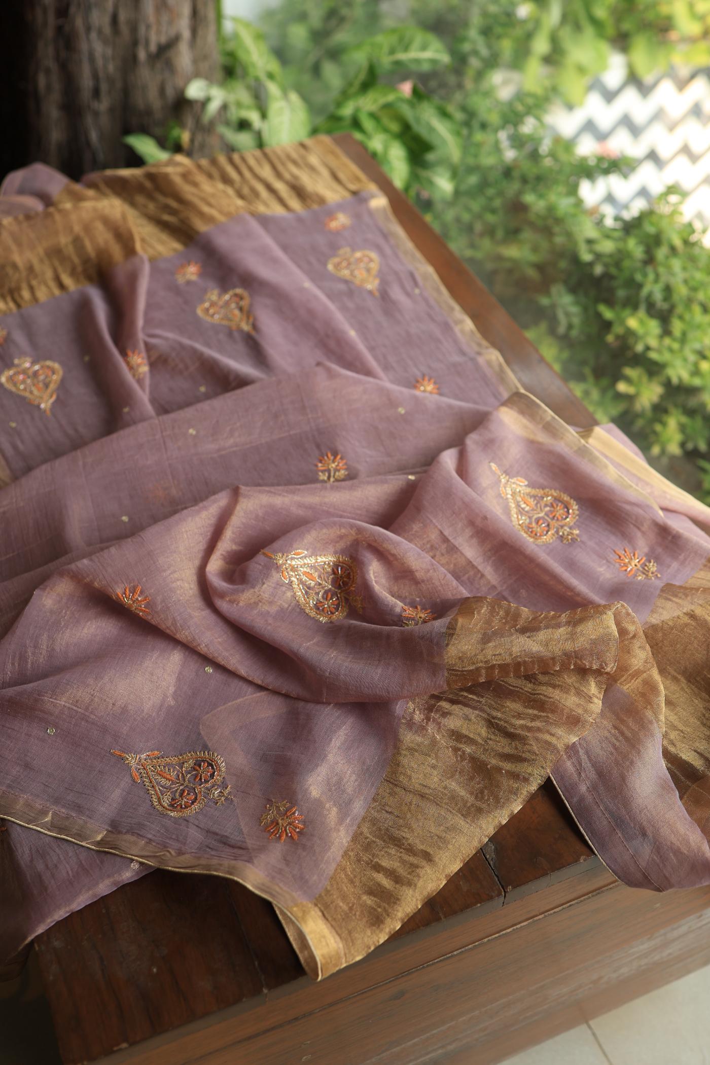 Dull Purple Tissue Silk Chikankari Unstitched Fabric
