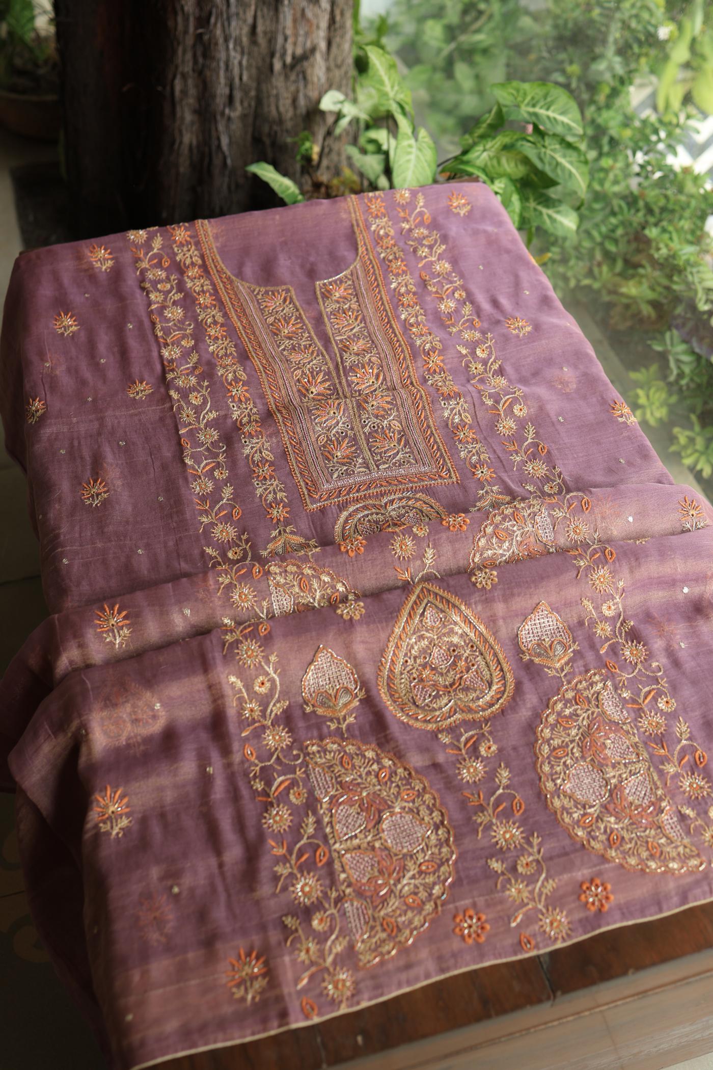 Dull Purple Tissue Silk Chikankari Unstitched Fabric